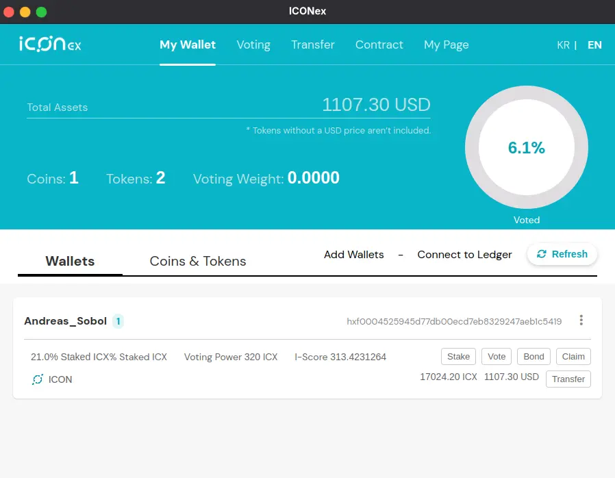 ICONex Wallet home screen with balance and staking